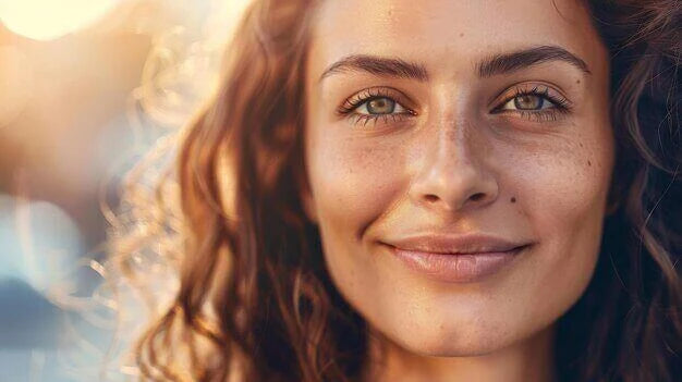Menopause Renewal: A Natural Transition and Opportunity - Close-up of a smiling woman with curly hair and radiant skin.