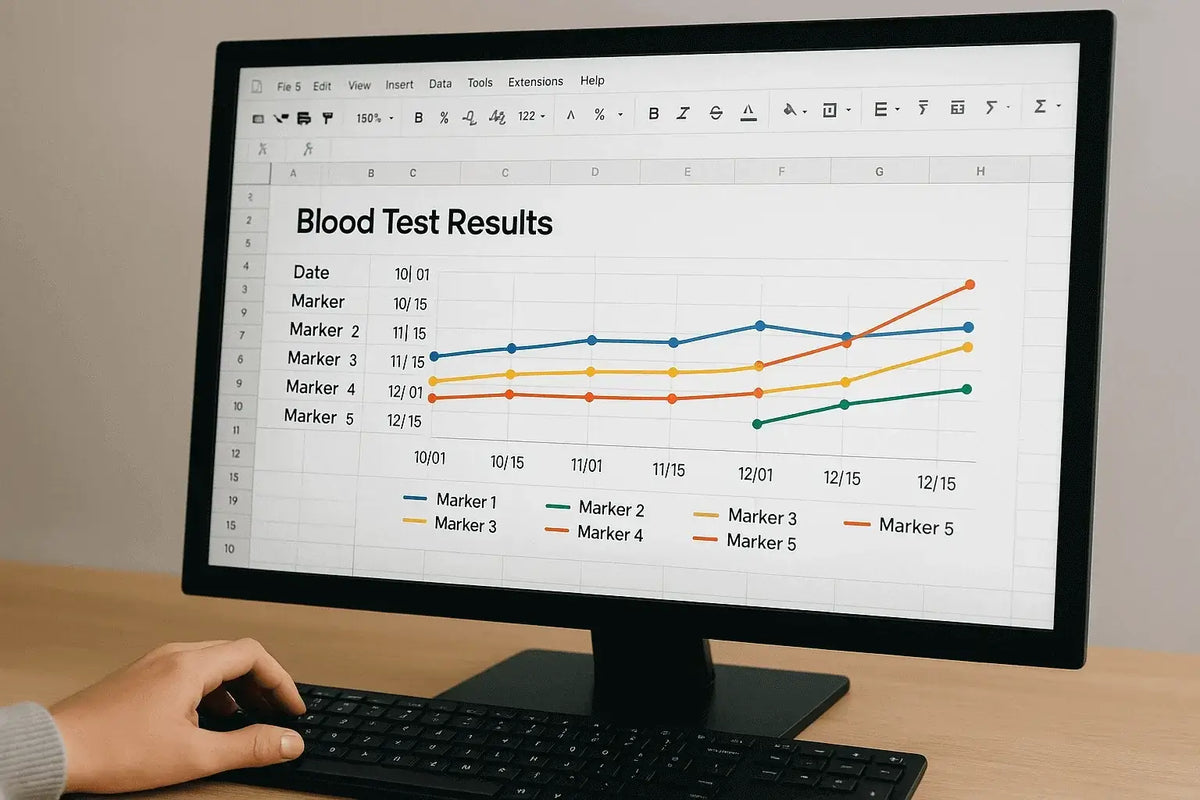 Essential blood tests for proactive health monitoring graph displayed on computer, showing blood test results over time.