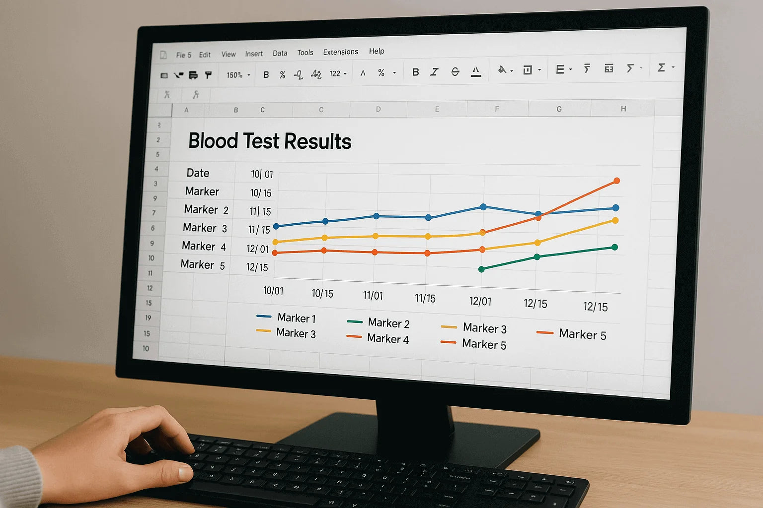 Essential blood tests for proactive health monitoring graph displayed on computer, showing blood test results over time.
