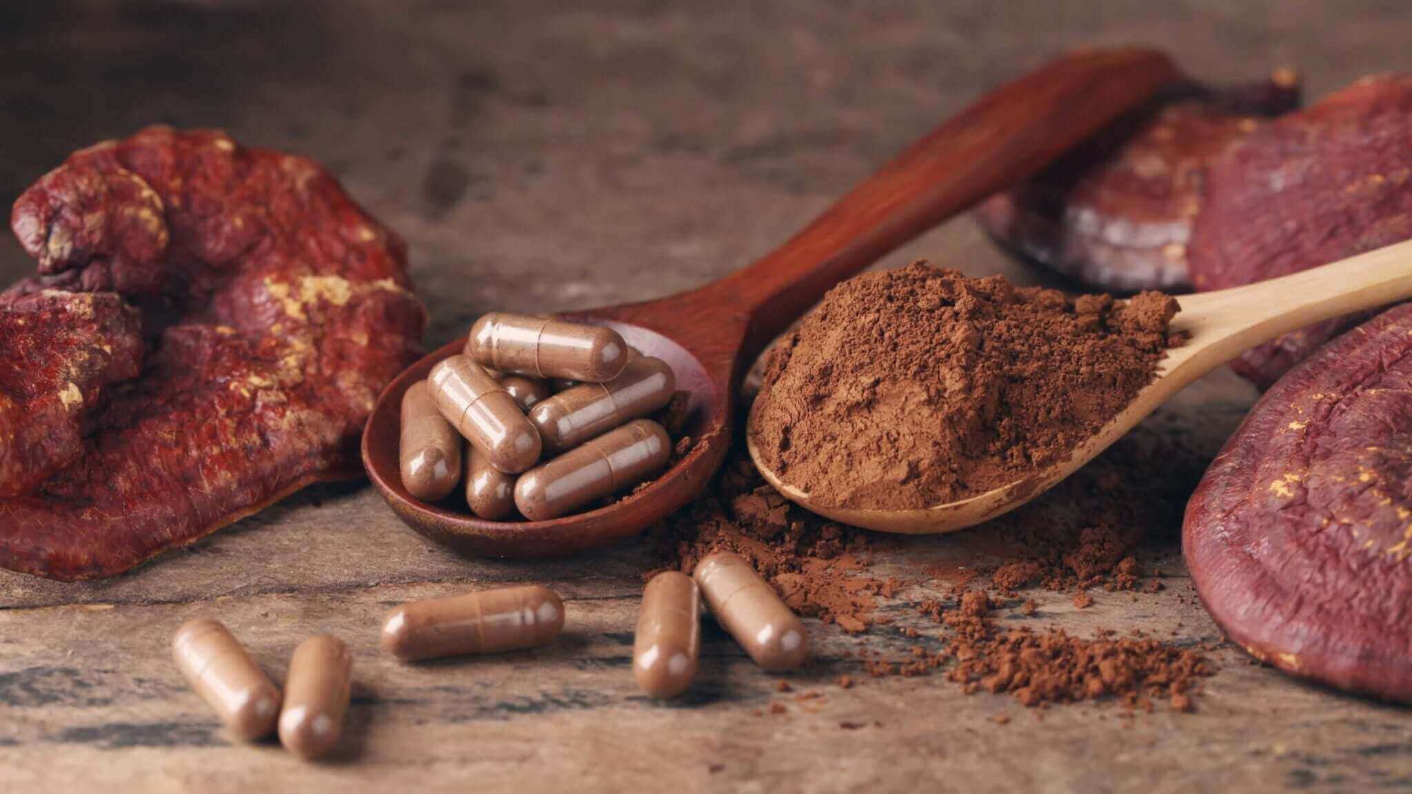 A Practical Guide to Choosing Medicinal Mushrooms with capsules and powdered form on wooden spoons.