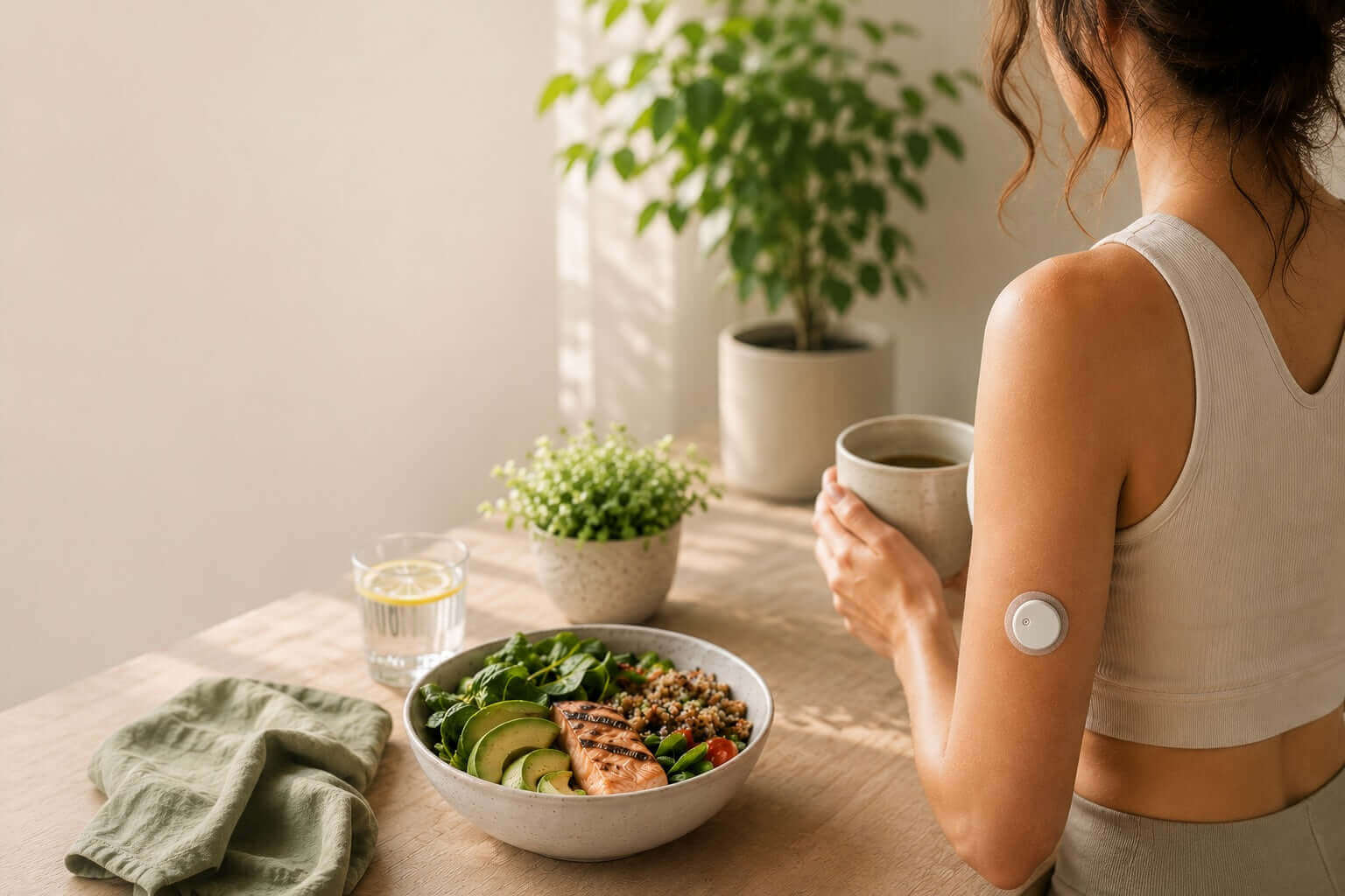 The Windback Guide to Continuous Glucose Monitoring and Metabolic Health with a woman enjoying a healthy meal.