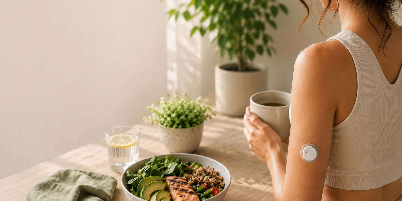The Windback Guide to Continuous Glucose Monitoring and Metabolic Health with a woman enjoying a healthy meal.