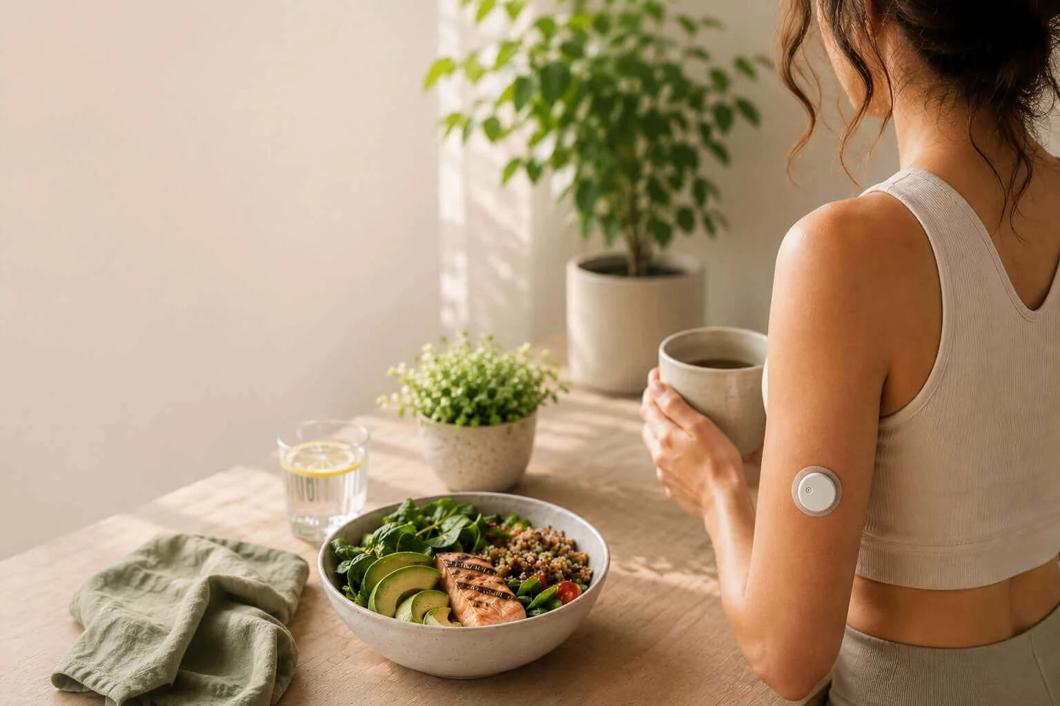 The Windback Guide to Continuous Glucose Monitoring & Metabolic Health, featuring a woman with a CGM device enjoying a healthy meal.