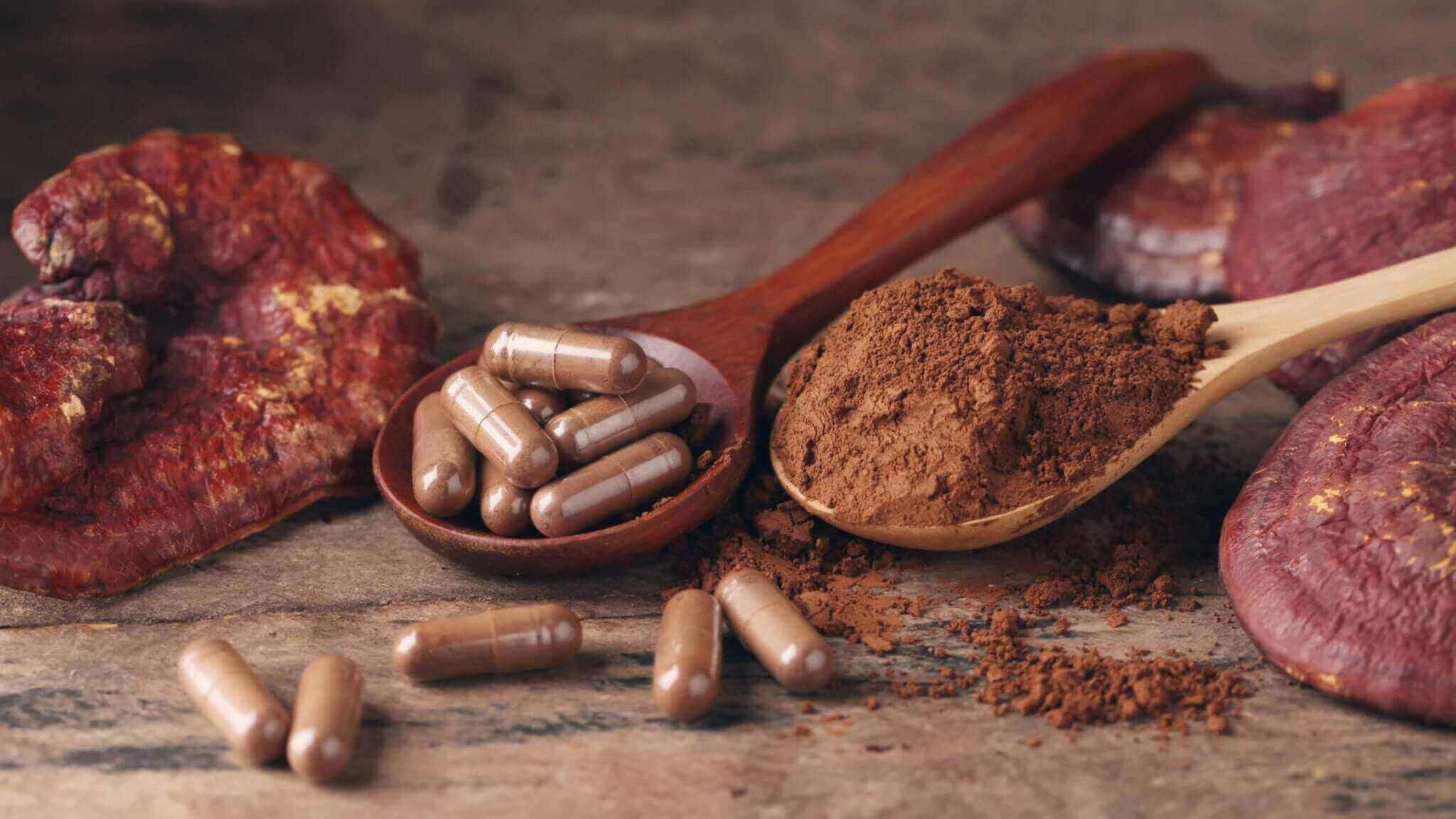A Practical Guide to Choosing Medicinal Mushrooms with capsules and powdered form on wooden spoons.
