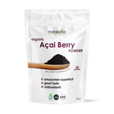 Matakana Superfoods Organic Açai Berry Powder 100g packaging with spoon showing powder and superfood benefits.