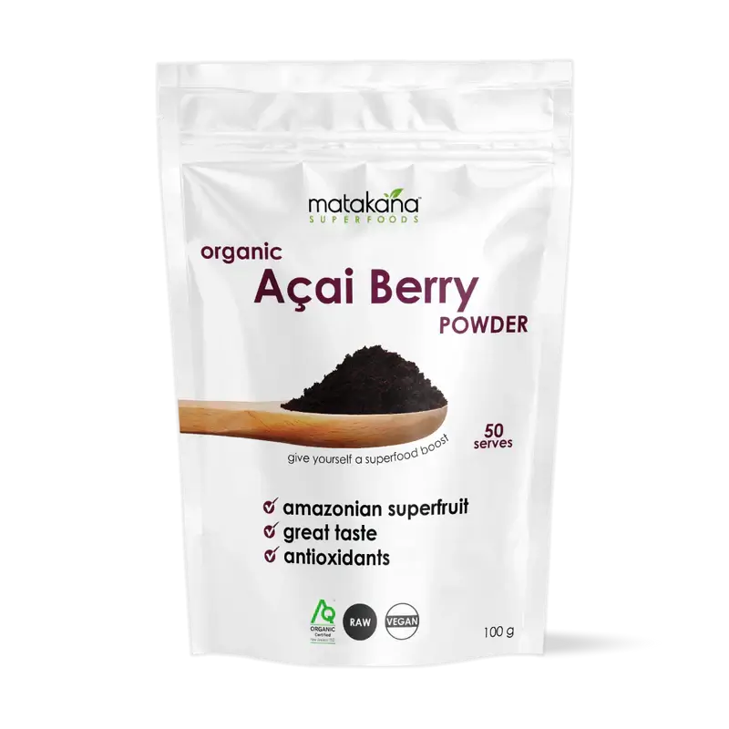Matakana Superfoods Organic Açai Berry Powder 100g packaging with spoon showing powder and superfood benefits.