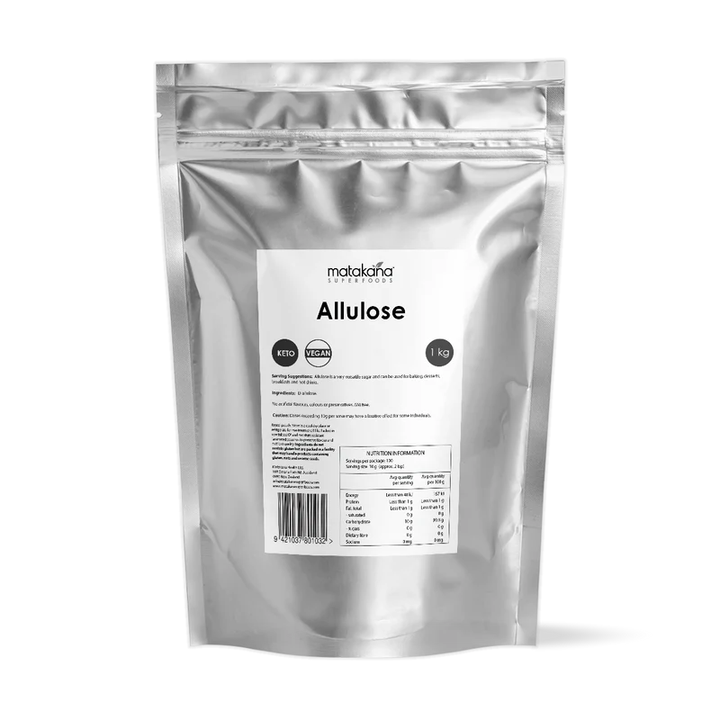 Matakana Superfoods Allulose Sugar 1kg packaging, a low calorie sugar alternative for baking and sweetening.