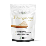 Matakana Superfoods Organic Ashwagandha Powder 100g packaging featuring immune support benefits.