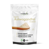 Matakana Superfoods Organic Ashwagandha Powder 100g packaging featuring immune support benefits.