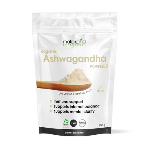 Matakana Superfoods Organic Ashwagandha Powder 100g packaging featuring immune support benefits.