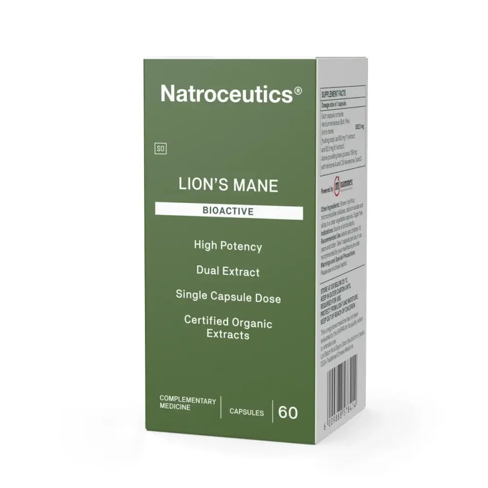 Natroceutics Lion's Mane Bioactive 60 Caps packaging showing high potency mushroom extracts for brain health.