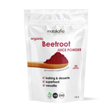 Matakana Superfoods Organic Beetroot Juice Powder 100g packaging featuring vibrant beetroot powder.