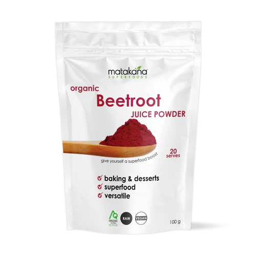 Matakana Superfoods Organic Beetroot Juice Powder 100g packaging featuring vibrant beetroot powder.