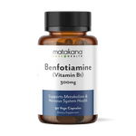 Matakana Superfoods Benfotiamine (Vit B1) 30 Caps in a brown bottle with label detailing vitamin benefits.