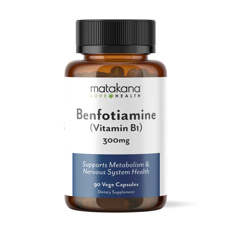 Matakana Superfoods Benfotiamine (Vit B1) 30 Caps in a brown bottle with label detailing vitamin benefits.