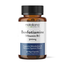 Matakana Superfoods Benfotiamine (Vit B1) 90 Caps dietary supplement bottle with 300mg of benfotiamine.