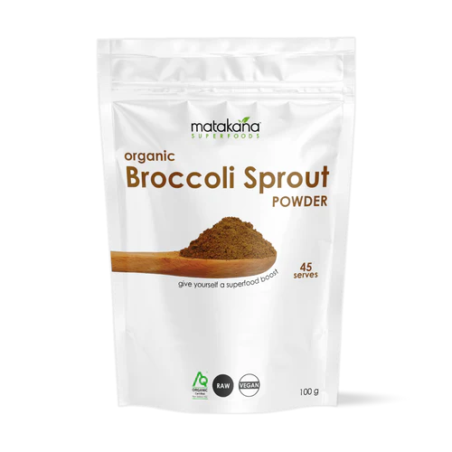 Matakana Superfoods Organic Broccoli Sprout Powder 100g package showcasing a healthy superfood supplement.