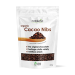 Matakana Superfoods Organic Cacao Nibs 230g packaging showcasing crunchy cacao nibs for snacking and baking.