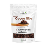Matakana Superfoods Organic Cacao Nibs 230g packaging showcasing crunchy cacao nibs for snacking and baking.