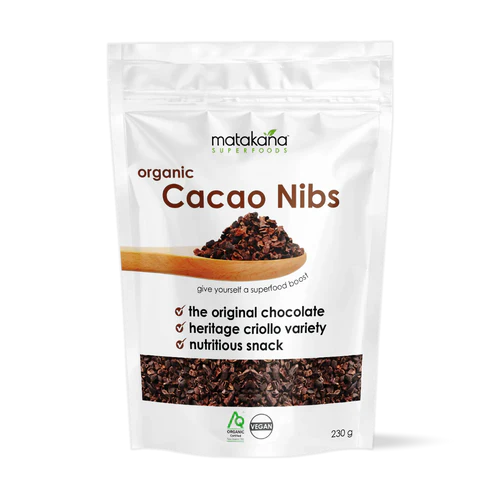 Matakana Superfoods Organic Cacao Nibs 230g packaging showcasing crunchy cacao nibs for snacking and baking.