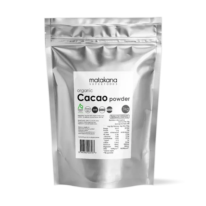 Matakana Superfoods Organic Cacao Powder 1kg packaging, ideal for baking, smoothies, and desserts, Windback NZ.