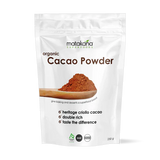 Matakana Superfoods Organic Cacao Powder 250g package with rich cacao powder and baking uses highlighted.