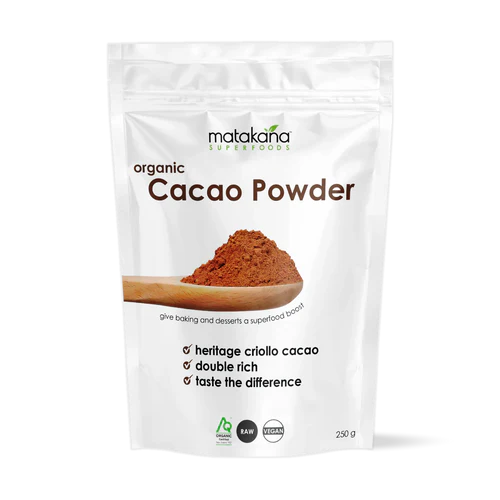 Matakana Superfoods Organic Cacao Powder 250g package with rich cacao powder and baking uses highlighted.