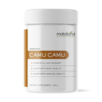 Matakana Superfoods Concentrated Camu Camu Powder 100g packaging showing benefits like powerful antioxidant and immune support.