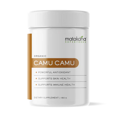 Matakana Superfoods Concentrated Camu Camu Powder 100g packaging showing benefits like powerful antioxidant and immune support.