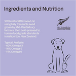 Ingredients and nutrition label for a product with a dog illustration on a purple background