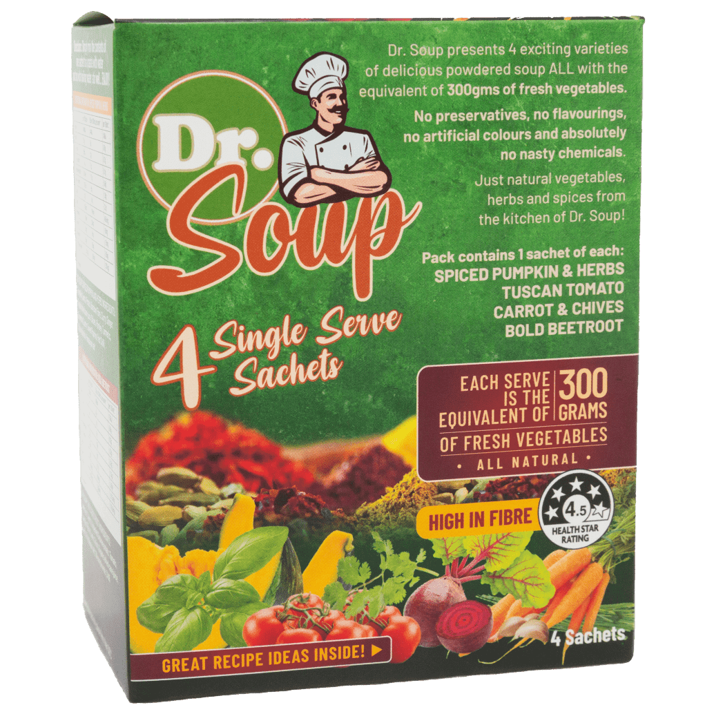 Cell-Logic Dr Soup 4 Single Serve sachets packaging – Windback NZ.