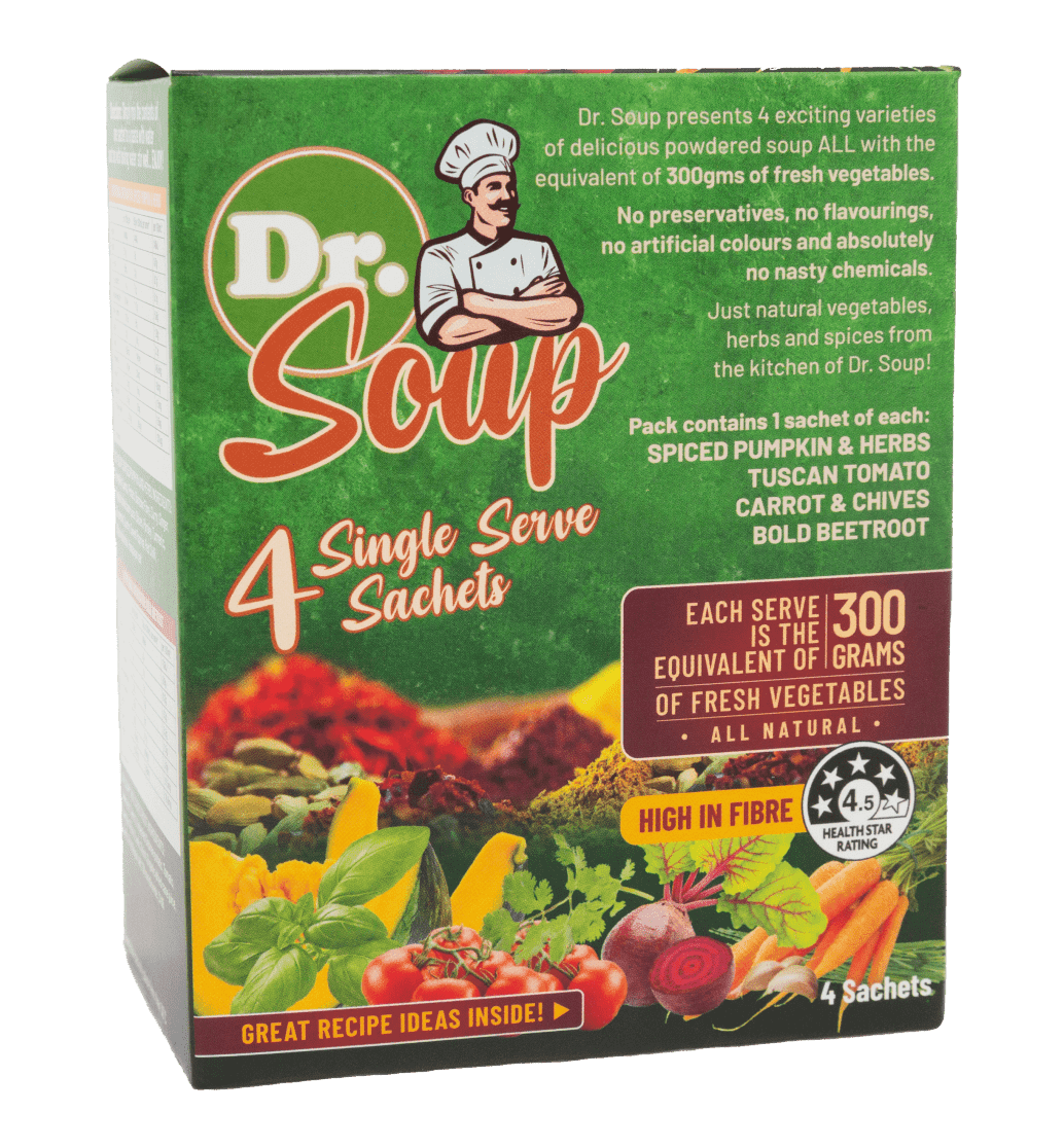 Cell-Logic Dr Soup 4 Single Serve sachets packaging – Windback NZ.