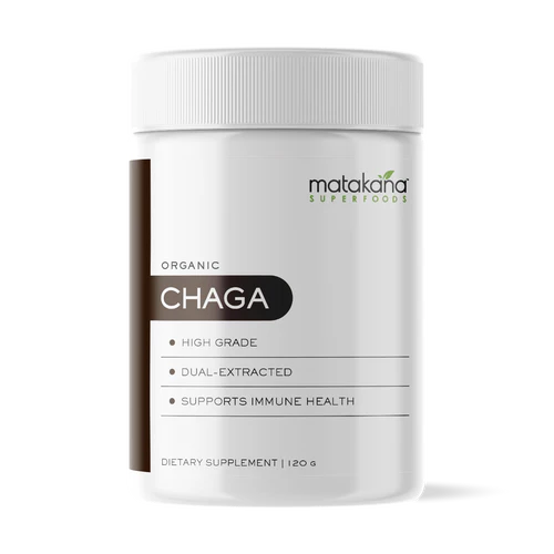 Matakana Superfoods Organic Chaga Mushroom 120g packaging, high grade, dual-extracted, supports immune health.