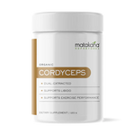 Matakana Superfoods Organic Cordyceps Militaris Mushroom 120g packaging showcasing benefits of dual-extraction and exercise support.