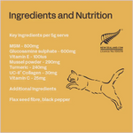 Fourflax Feline Bone & Joint Powder product label with ingredients and nutrition information on a yellow background