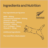 Fourflax Feline Bone & Joint Powder product label with ingredients and nutrition information on a yellow background