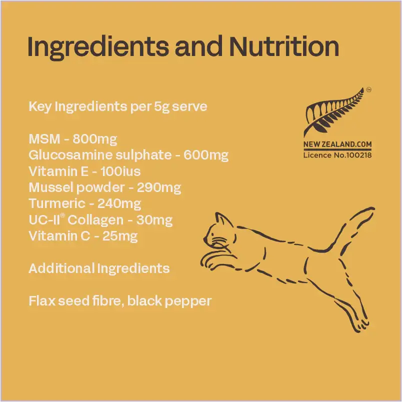 Fourflax Feline Bone & Joint Powder product label with ingredients and nutrition information on a yellow background