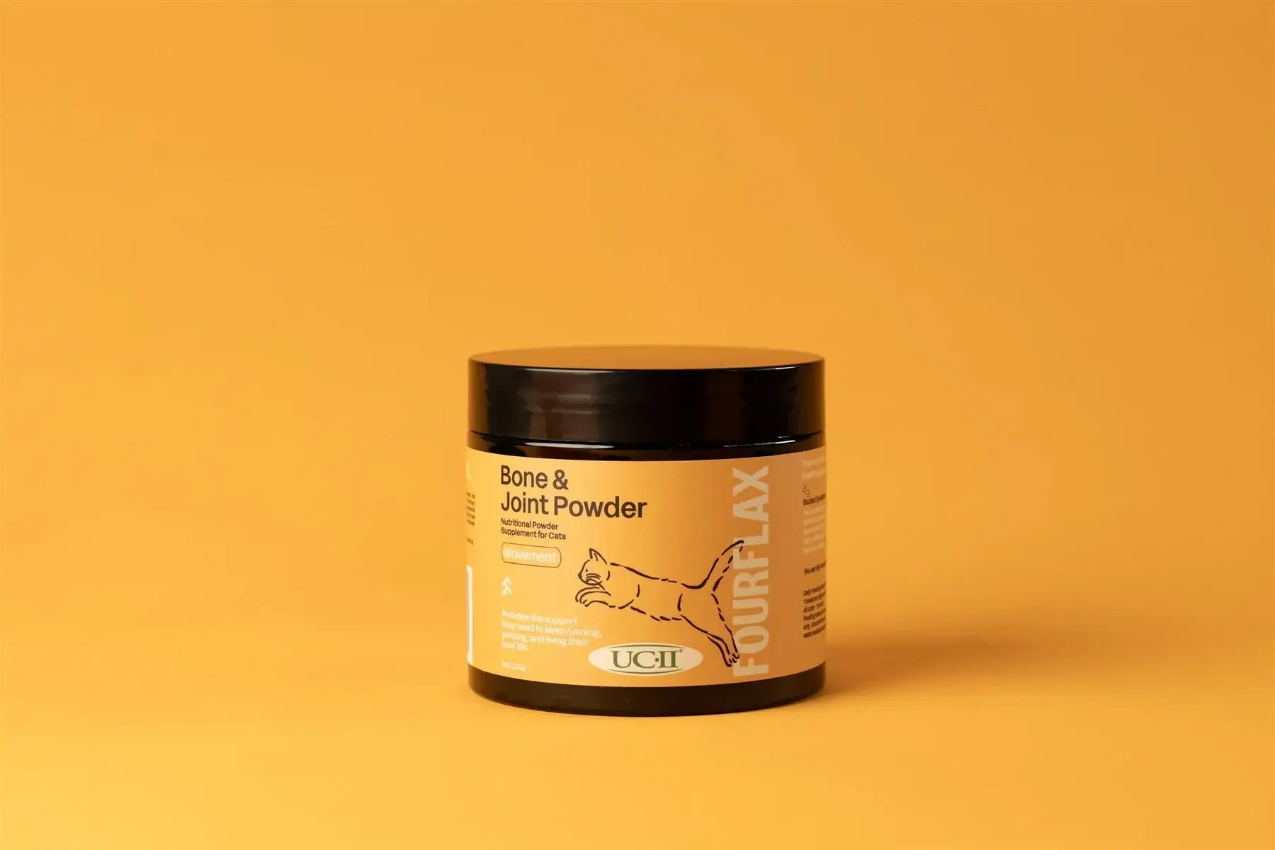 Fourflax Feline Bone & Joint Powder jar on a yellow background