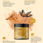 Fourflax Feline Bone & Joint Powder for cats with ingredients and health benefits displayed on a beige background