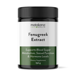 Matakana Superfoods Fenugreek Extract 150g dietary supplement in a black jar with health benefits listed