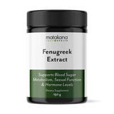 Matakana Superfoods Fenugreek Extract 150g dietary supplement in a black jar with health benefits listed