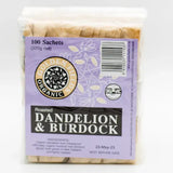 Pack of roasted dandelion and burdock sachets with a purple label on a white background