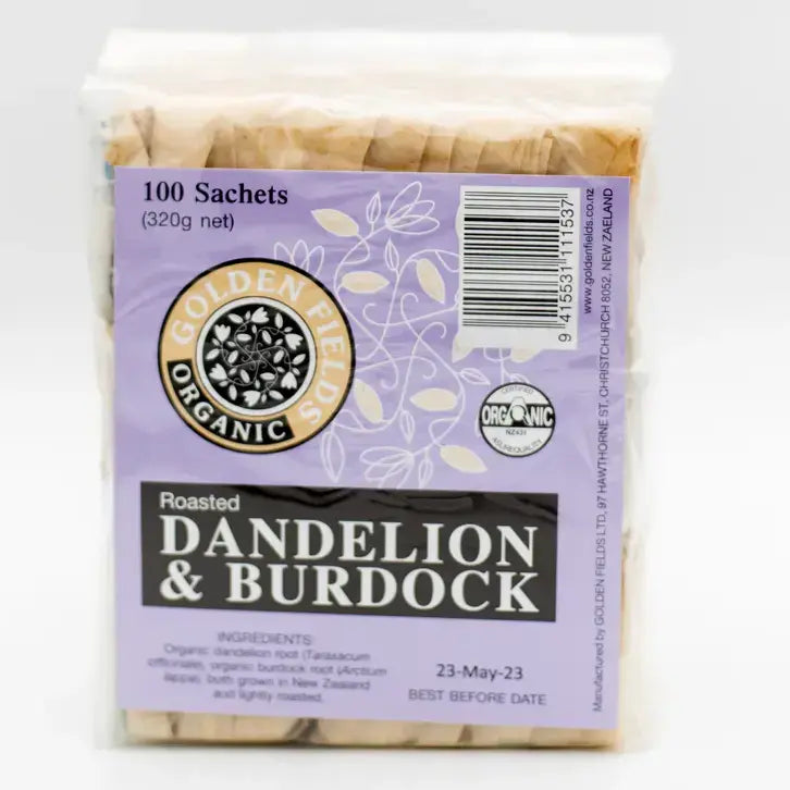 Pack of roasted dandelion and burdock sachets with a purple label on a white background