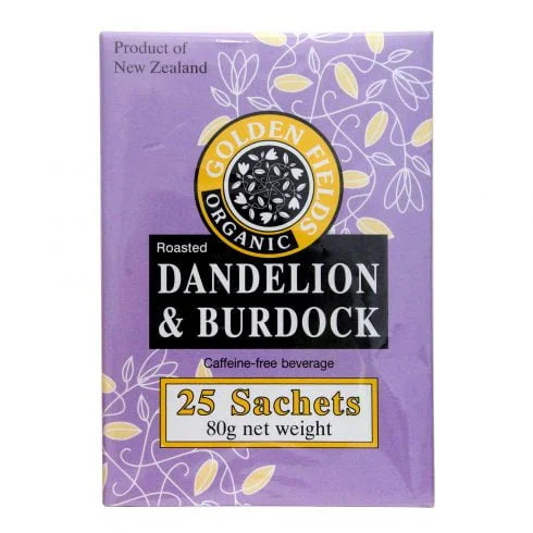 Box of Golden Fields Organic roasted dandelion and burdock beverage on a white background