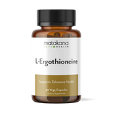 Matakana Superfoods L-ergothioneine 90 Caps dietary supplement bottle with 90 vege capsules for telomere health.