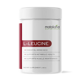 Matakana Superfoods L-Leucine 120g powder jar, essential amino acid for muscle health and metabolic support.