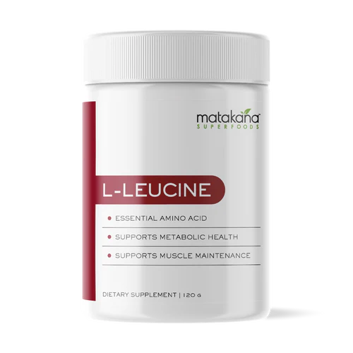 Matakana Superfoods L-Leucine 120g powder jar, essential amino acid for muscle health and metabolic support.