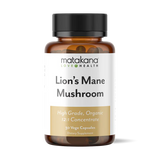 Matakana Superfoods Lion's Mane Mushroom 650mg 30 Caps dietary supplement bottle with capsules.