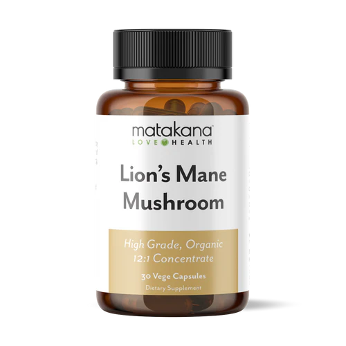 Matakana Superfoods Lion's Mane Mushroom 650mg 30 Caps dietary supplement bottle with capsules.