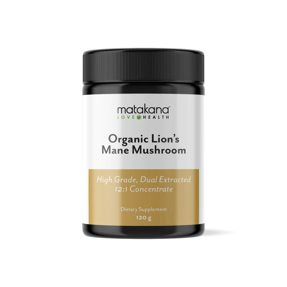 Matakana Superfoods Lion's Mane Mushroom Powder 120g packaging featuring organic mushroom formula for brain health.